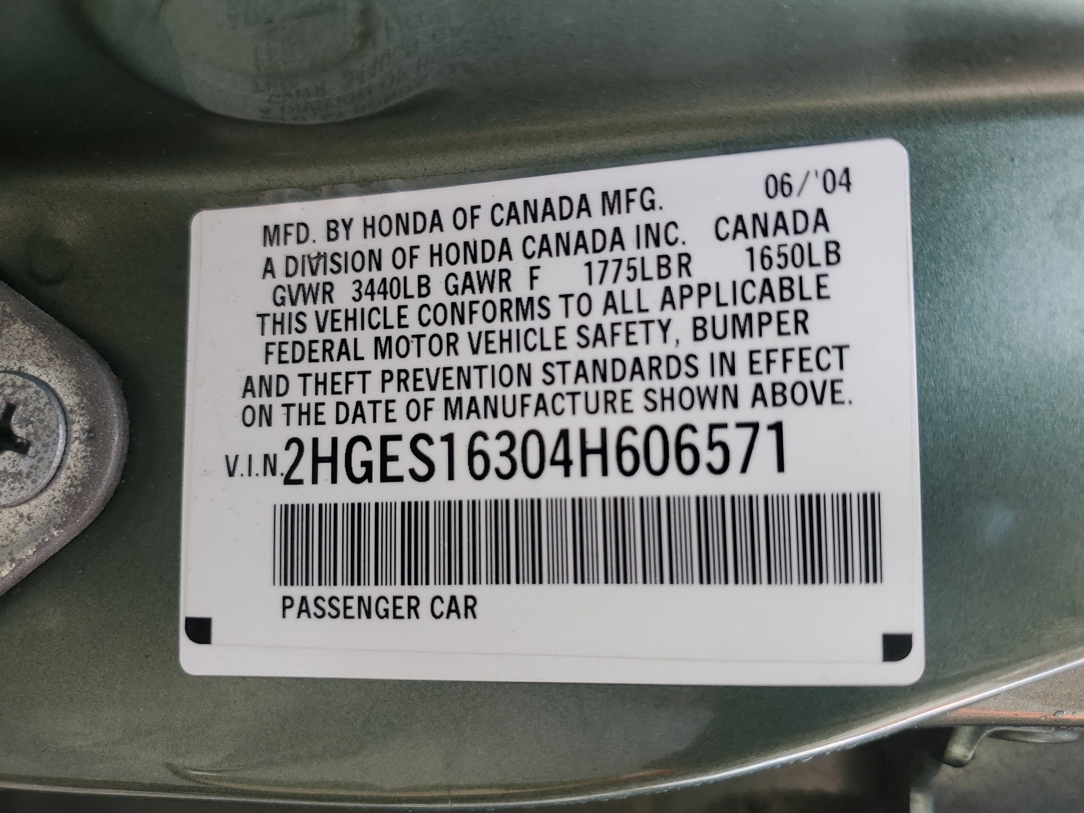 2HGES16304H606571 2004 Honda Civic Dx Vp