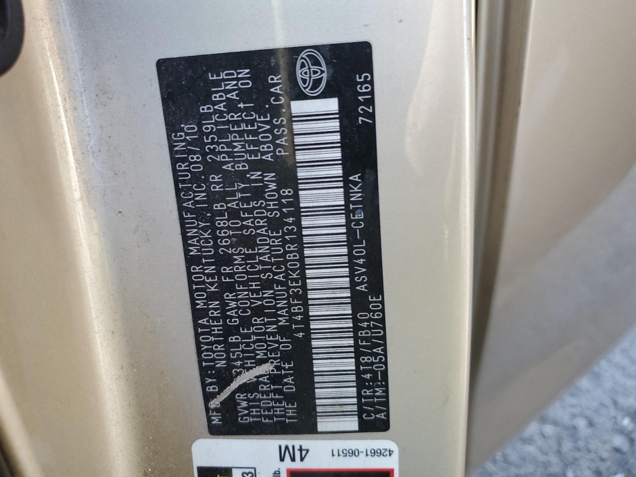 4T4BF3EK0BR134118 2011 Toyota Camry Base