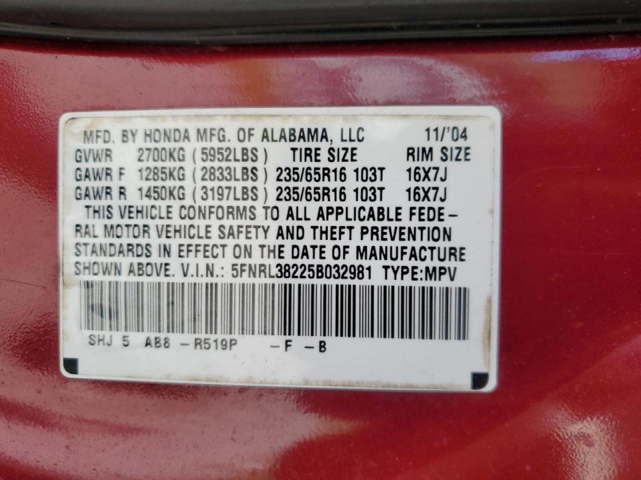 2005 Honda Odyssey Lx VIN: 5FNRL38225B032981 Lot: 66919544