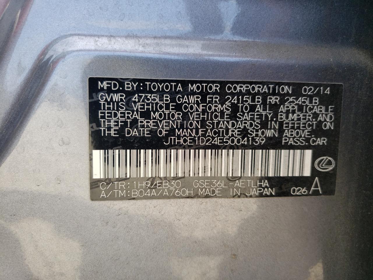 2014 Lexus Is 350 VIN: JTHCE1D24E5004139 Lot: 65845734