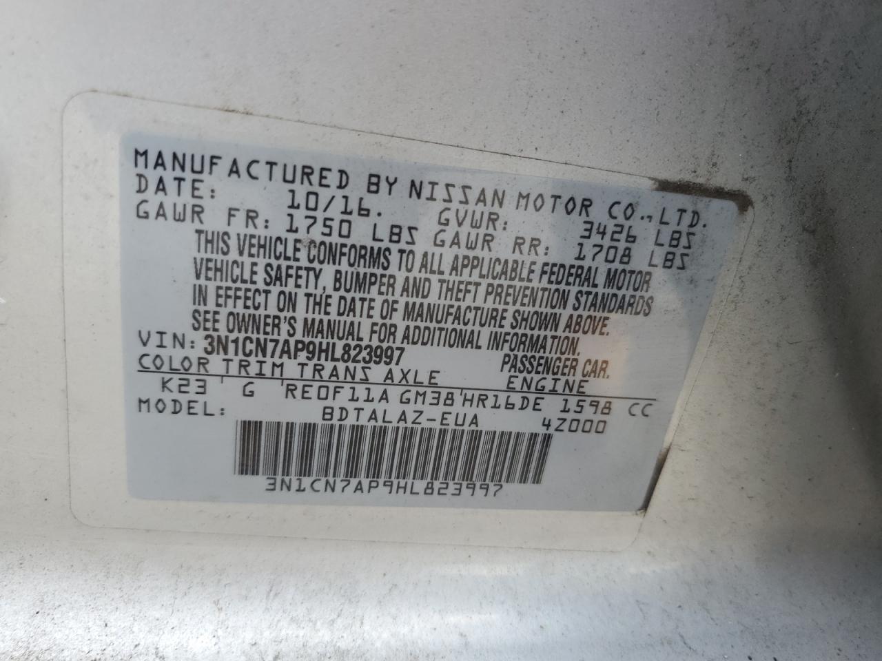 3N1CN7AP9HL823997 2017 Nissan Versa S