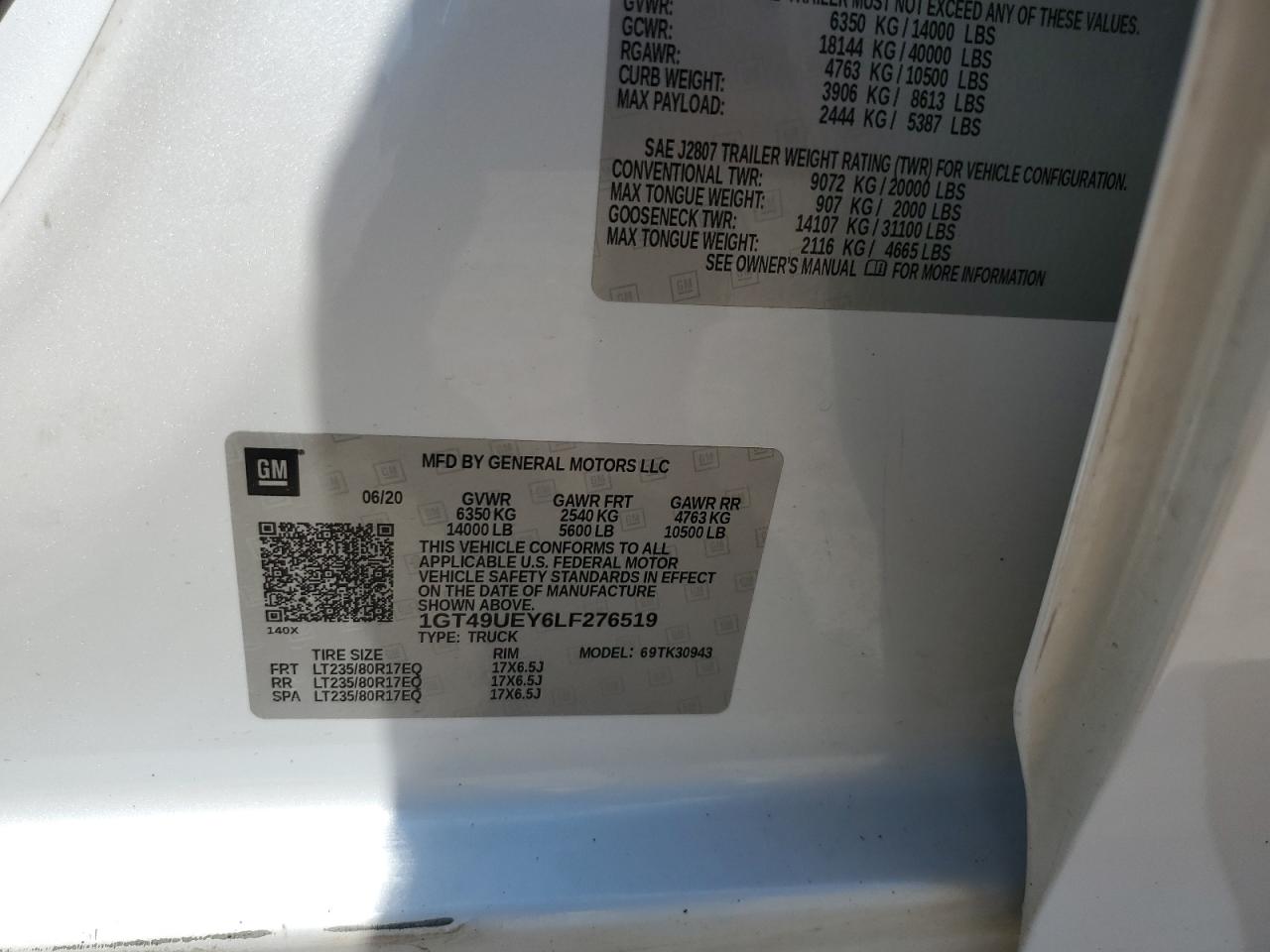 2020 GMC Sierra K3500 Slt VIN: 1GT49UEY6LF276519 Lot: 65557064