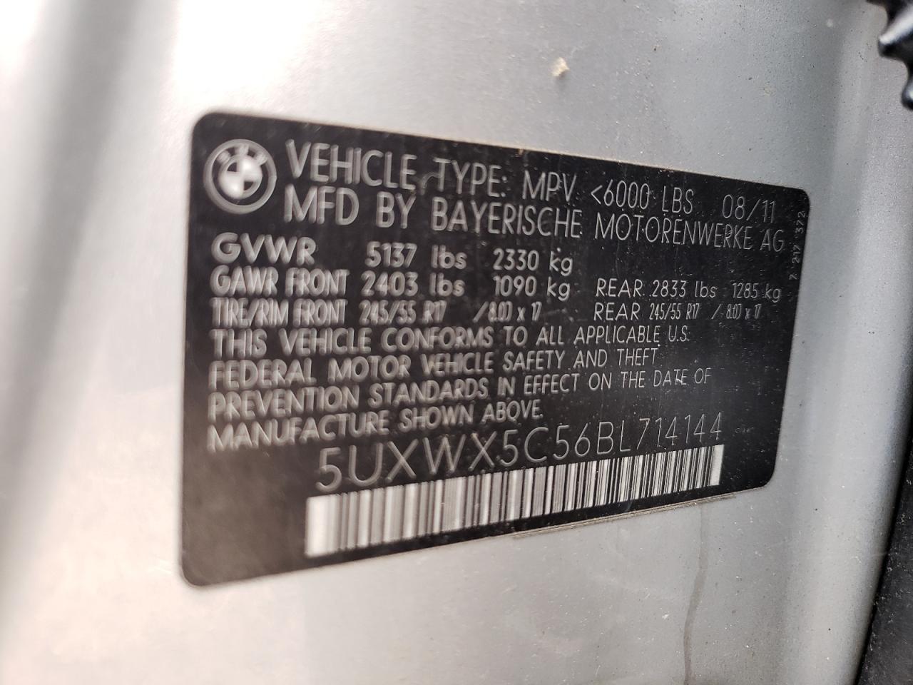 2011 BMW X3 xDrive28I VIN: 5UXWX5C56BL714144 Lot: 66119024