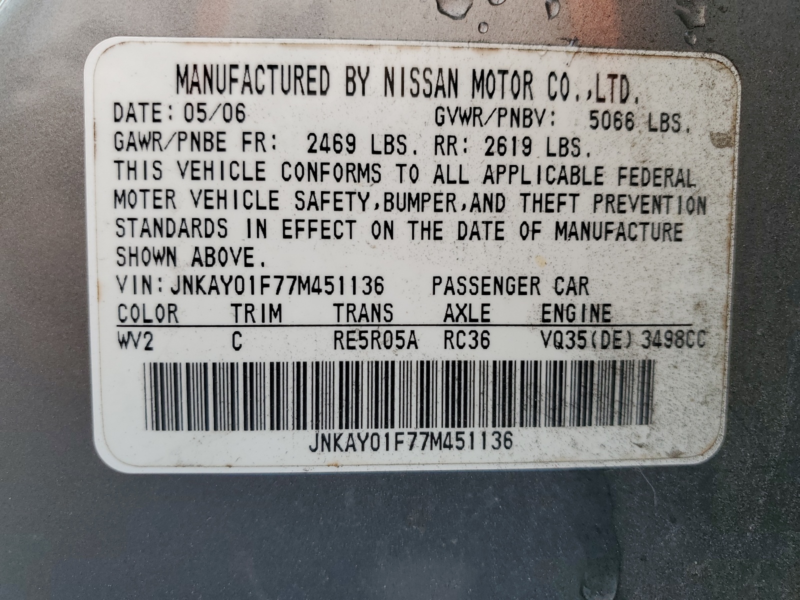 JNKAY01F77M451136 2007 Infiniti M35 Base