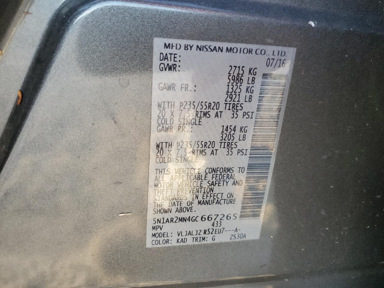 2016 Nissan Pathfinder S VIN: 5N1AR2MN4GC667265 Lot: 67204404