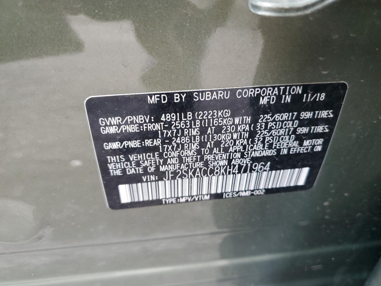 2019 Subaru Forester VIN: JF2SKACC8KH471964 Lot: 63487854