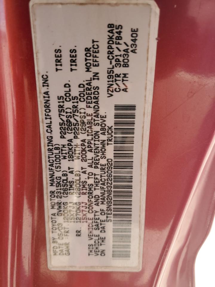 2003 Toyota Tacoma Xtracab Prerunner VIN: 5TESN92N83Z260920 Lot: 67344704