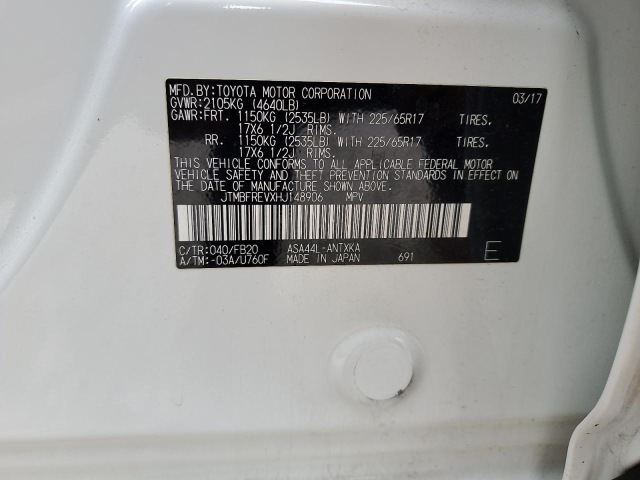 2017 Toyota Rav4 Le VIN: JTMBFREVXHJ148906 Lot: 66394724