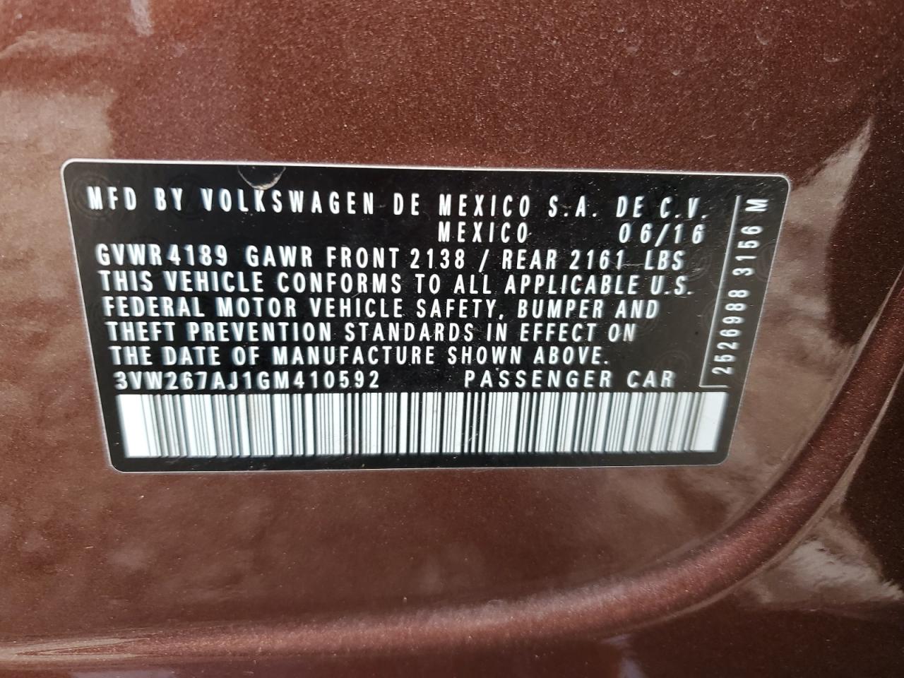 2016 Volkswagen Jetta S VIN: 3VW267AJ1GM410592 Lot: 66876664