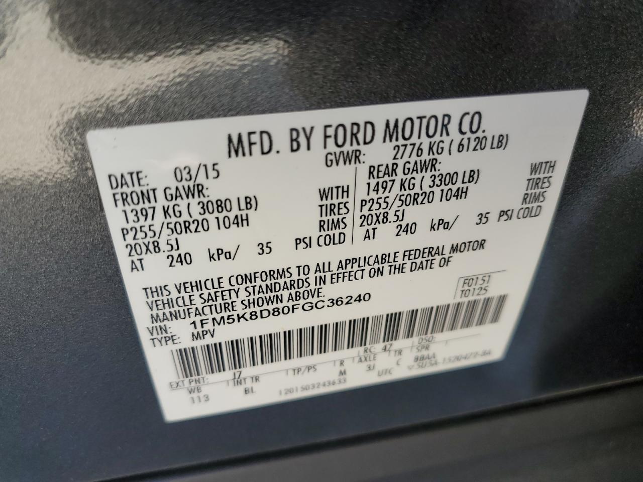 1FM5K8D80FGC36240 2015 Ford Explorer Xlt