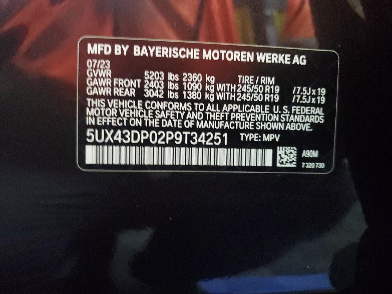 2023 BMW X3 Sdrive30I VIN: 5UX43DP02P9T34251 Lot: 68391104