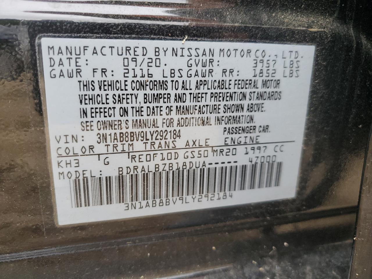 3N1AB8BV9LY292184 2020 Nissan Sentra S