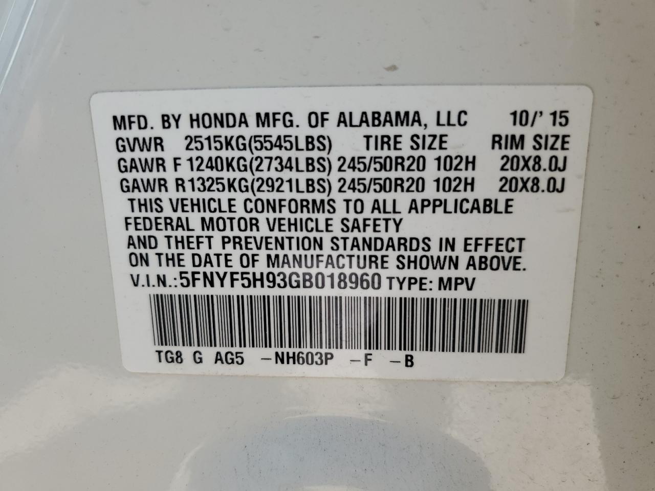 2016 Honda Pilot Touring VIN: 5FNYF5H93GB018960 Lot: 66732784