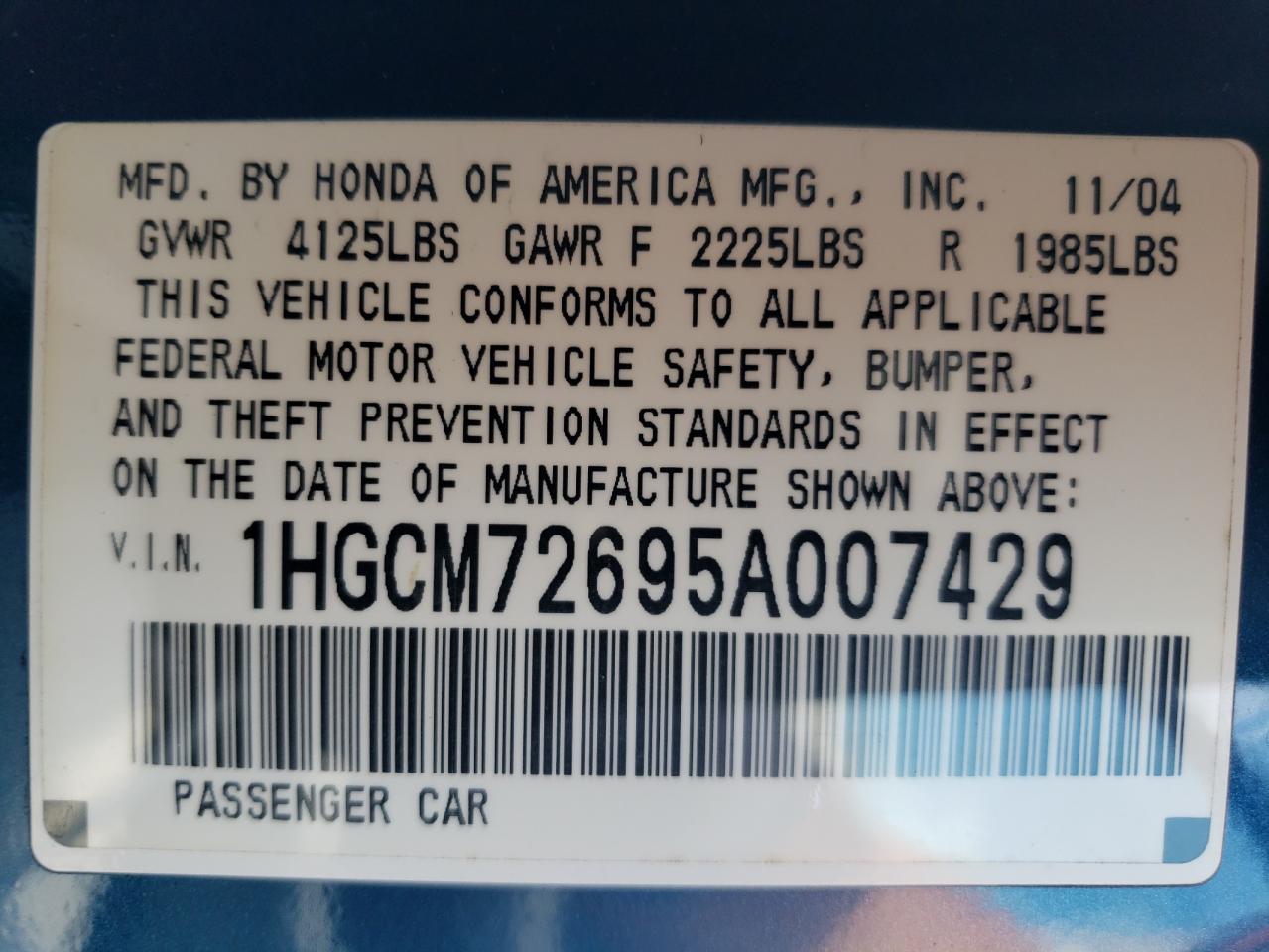 2005 Honda Accord Ex VIN: 1HGCM72695A007429 Lot: 67828964