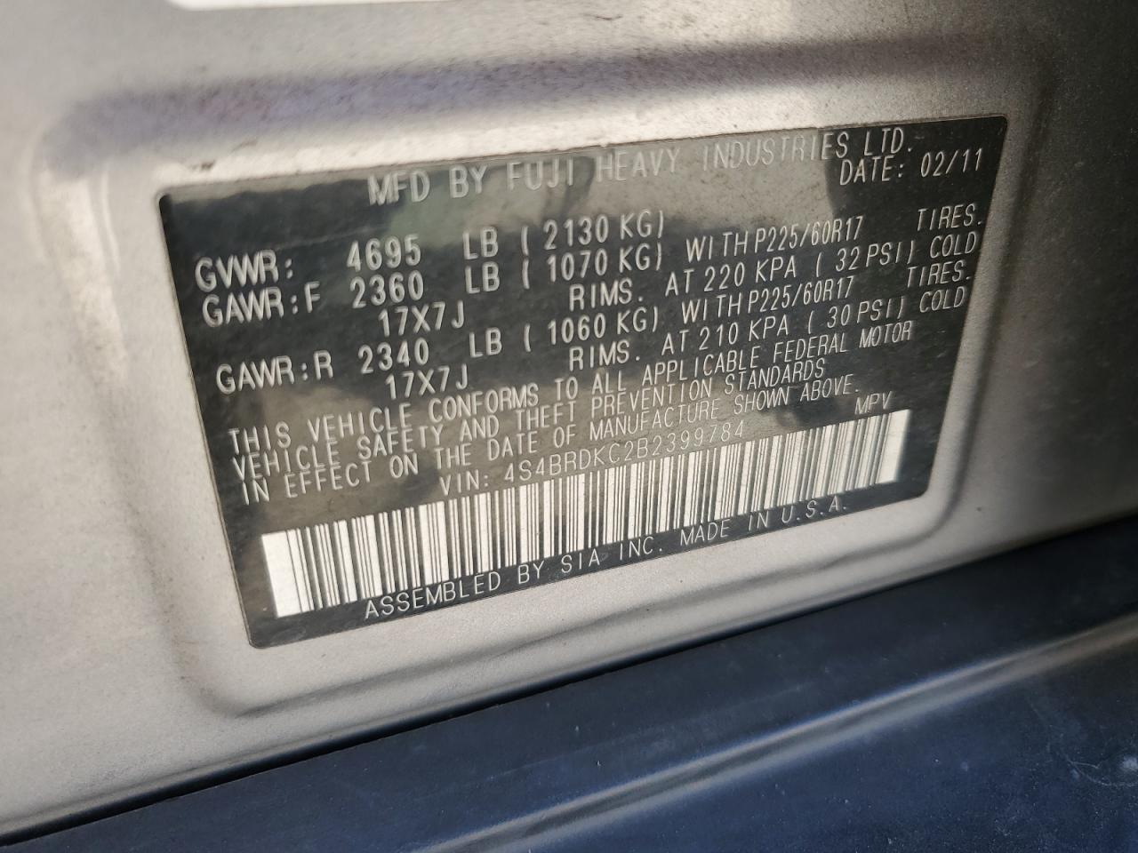 2011 Subaru Outback 3.6R Limited VIN: 4S4BRDKC2B2399784 Lot: 66973344