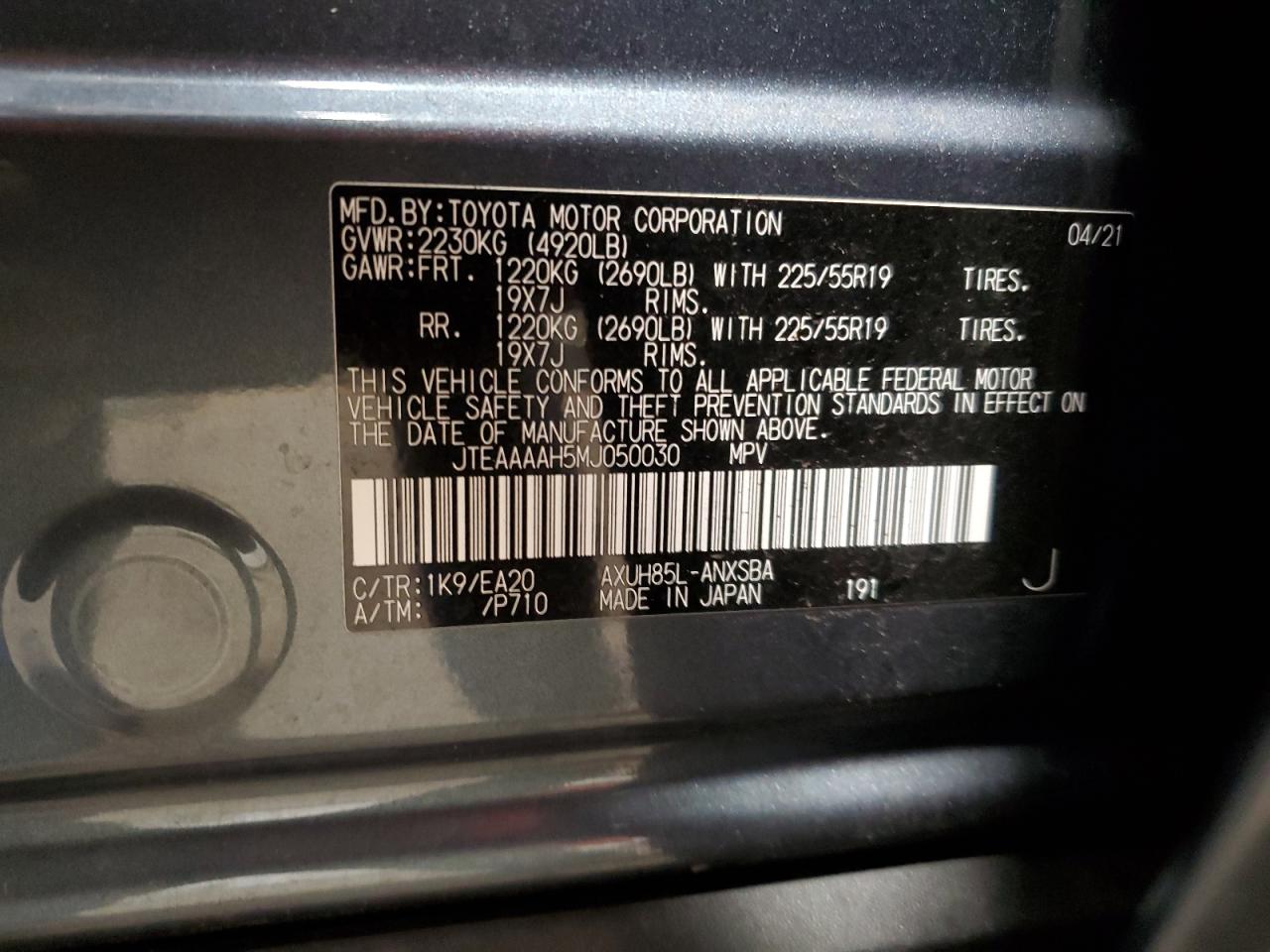 2021 Toyota Venza Le VIN: JTEAAAAH5MJ050030 Lot: 66907984