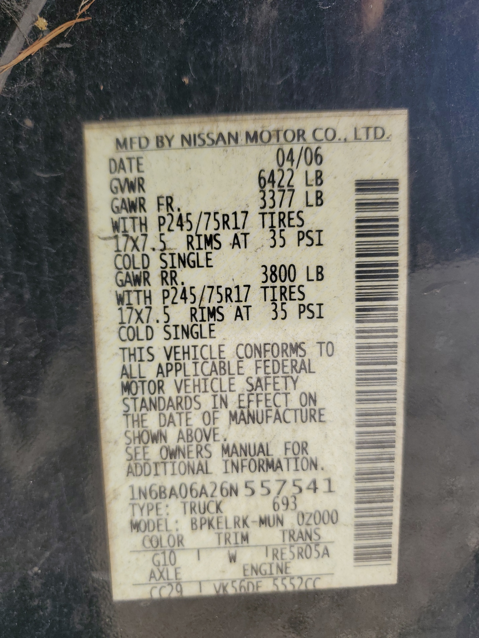 1N6BA06A26N557541 2006 Nissan Titan Xe