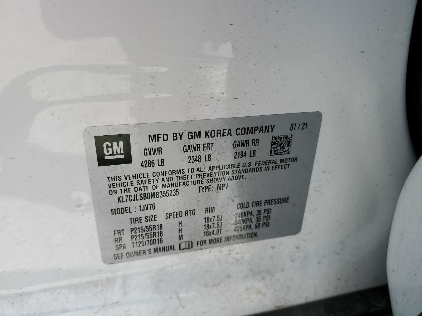 KL7CJLSB0MB355235 2021 Chevrolet Trax 1Lt