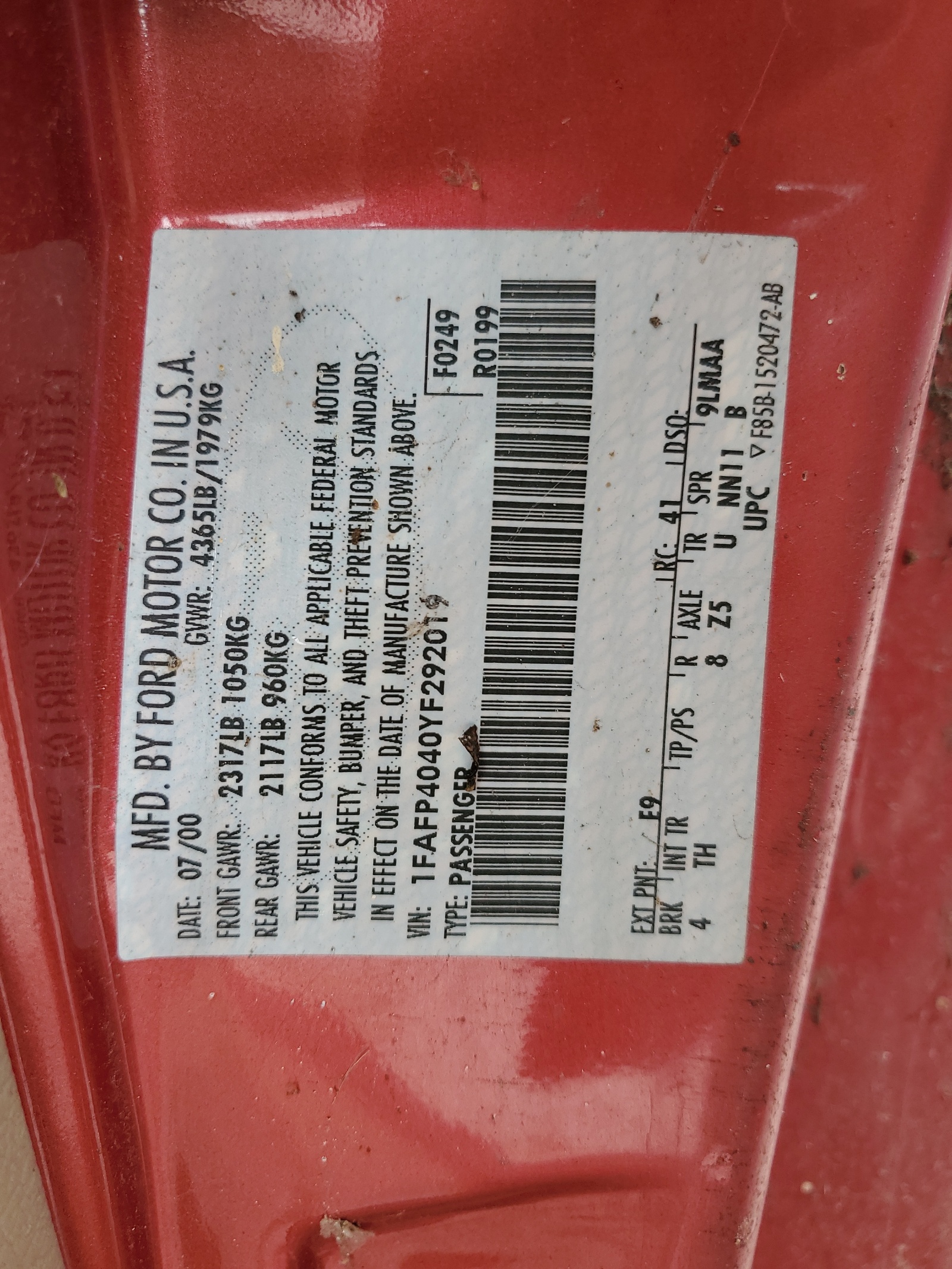 1FAFP4040YF292019 2000 Ford Mustang