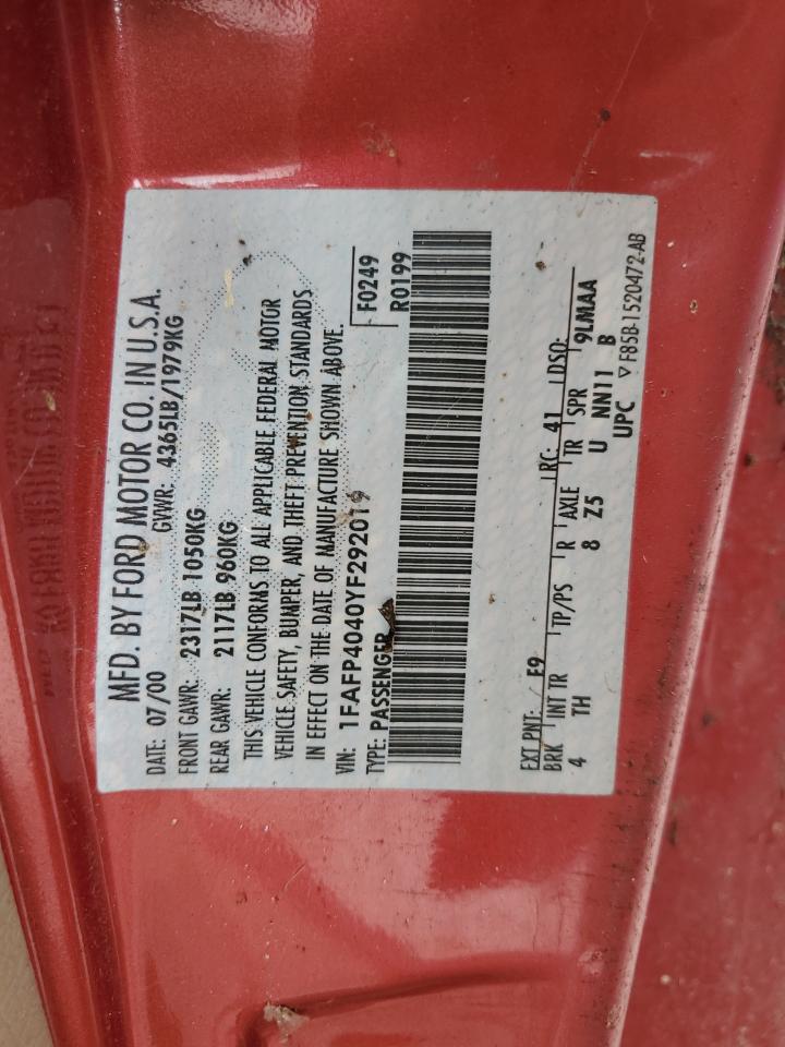 2000 Ford Mustang VIN: 1FAFP4040YF292019 Lot: 65571714