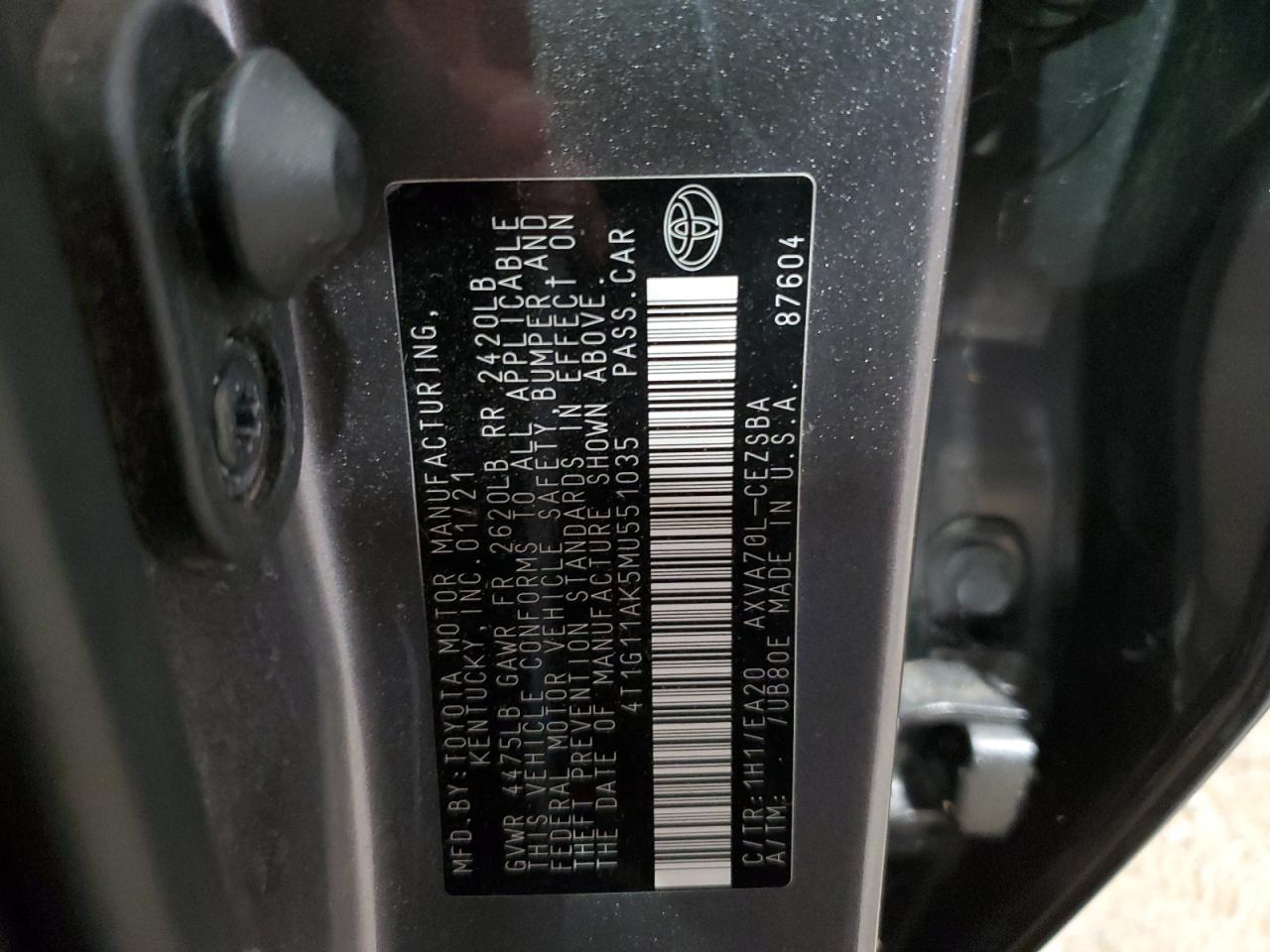 4T1G11AK5MU551035 2021 Toyota Camry Se