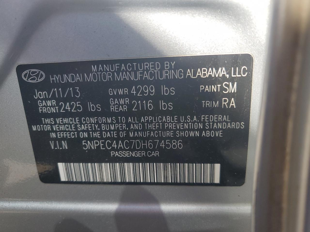 2013 Hyundai Sonata Se VIN: 5NPEC4AC7DH674586 Lot: 66951794