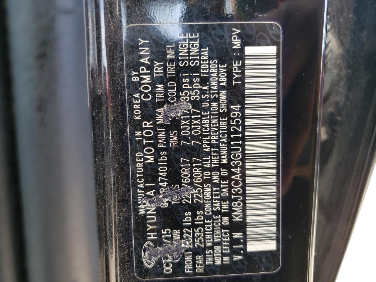 2016 Hyundai Tucson Limited VIN: KM8J3CA43GU112594 Lot: 67375064