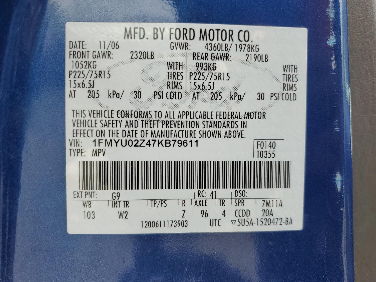 2007 Ford Escape Xls VIN: 1FMYU02Z47KB79611 Lot: 66083504