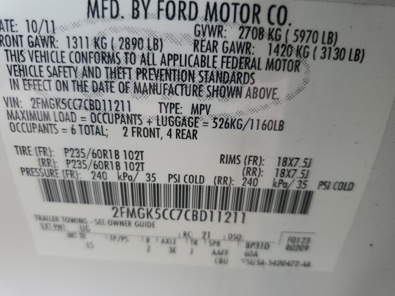 2FMGK5CC7CBD11211 2012 Ford Flex Sel