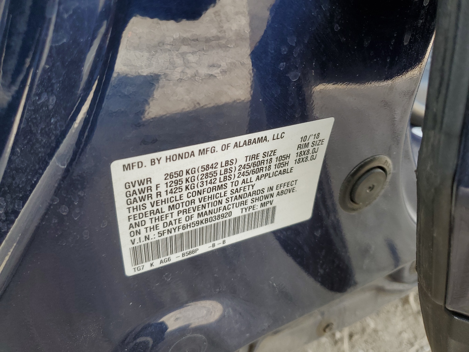 5FNYF6H59KB038920 2019 Honda Pilot Exl