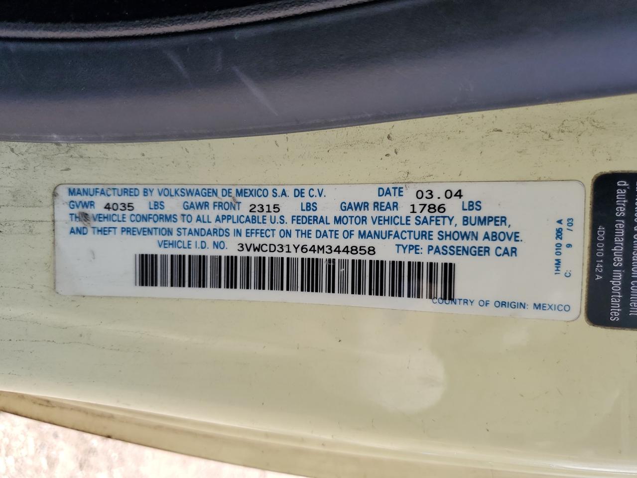 3VWCD31Y64M344858 2004 Volkswagen New Beetle Gls