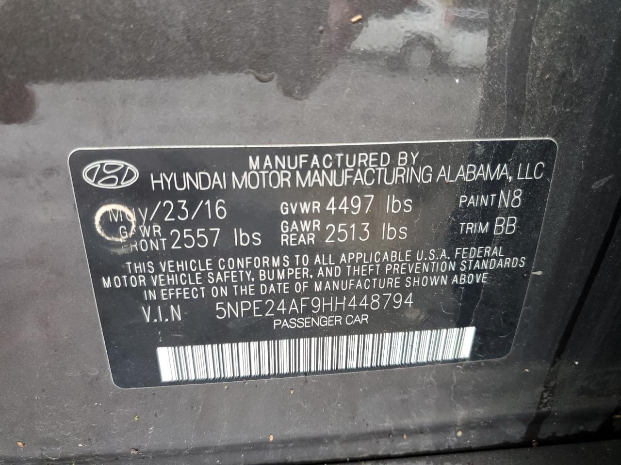 2017 Hyundai Sonata Se VIN: 5NPE24AF9HH448794 Lot: 65963694