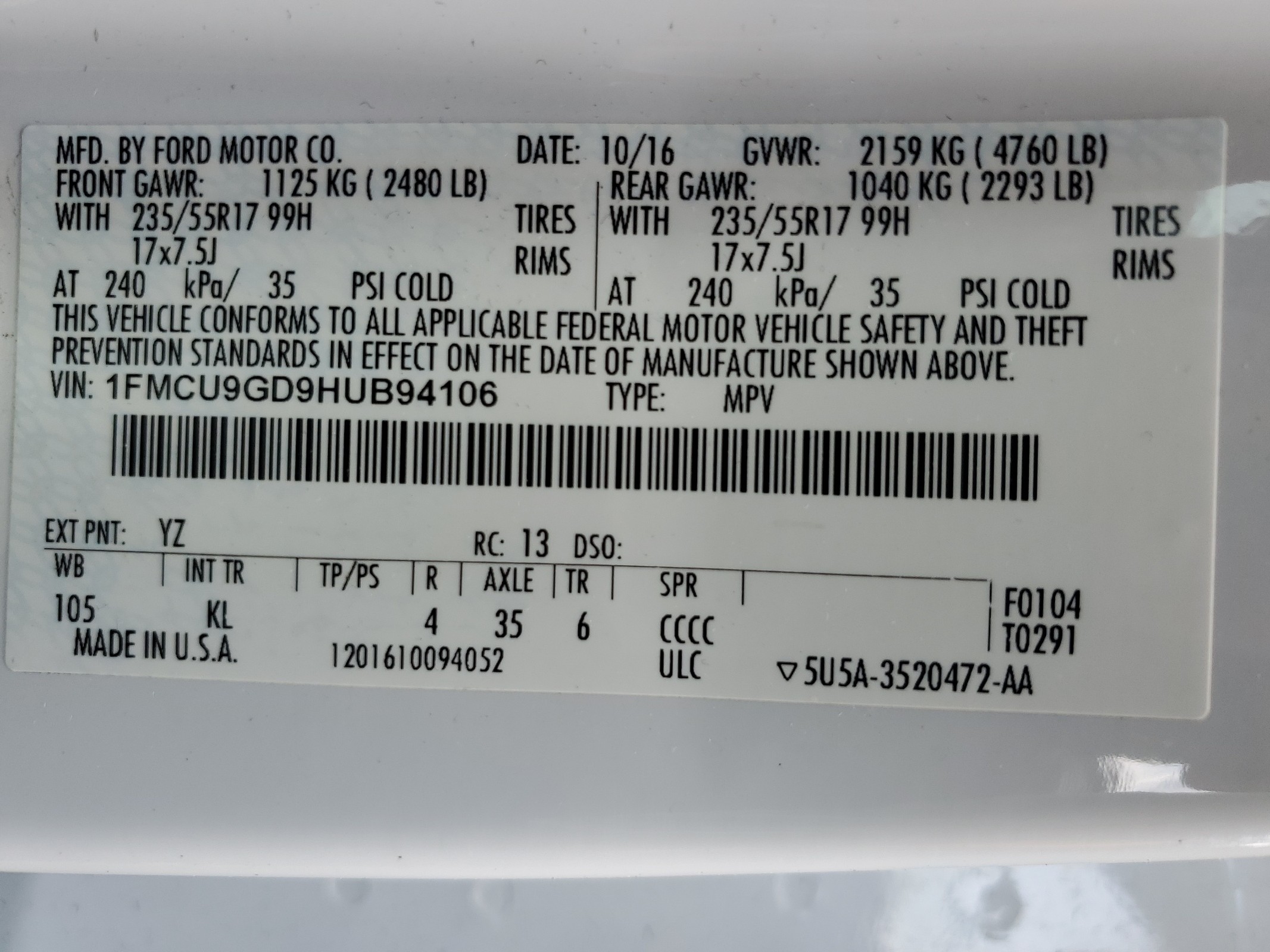 1FMCU9GD9HUB94106 2017 Ford Escape Se