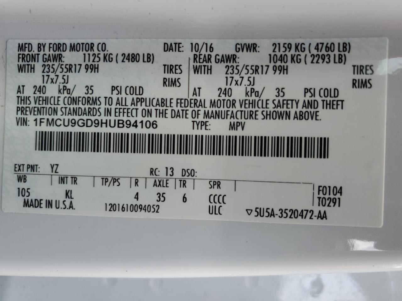 2017 Ford Escape Se VIN: 1FMCU9GD9HUB94106 Lot: 67268644