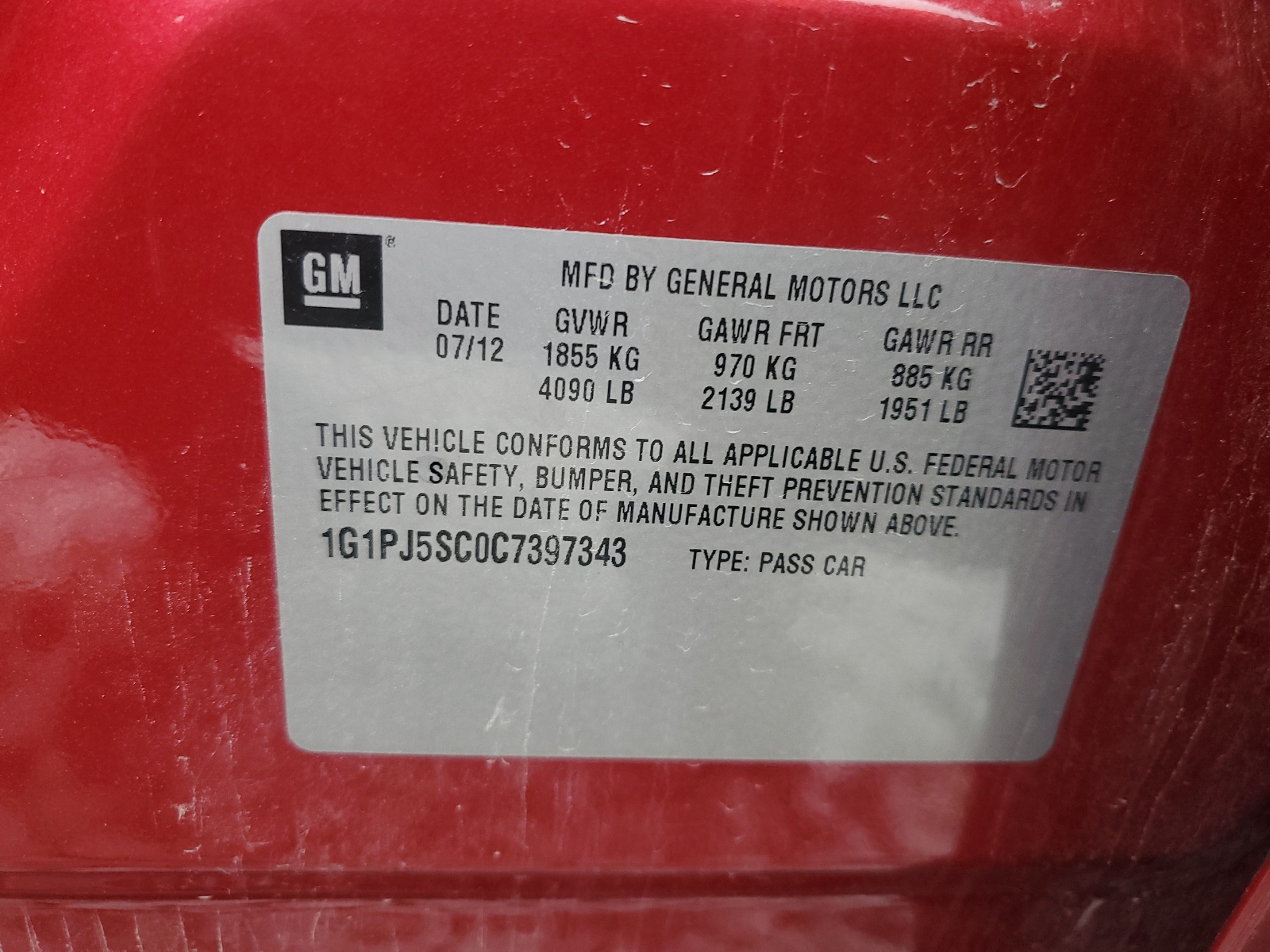 1G1PJ5SC0C7397343 2012 Chevrolet Cruze Eco