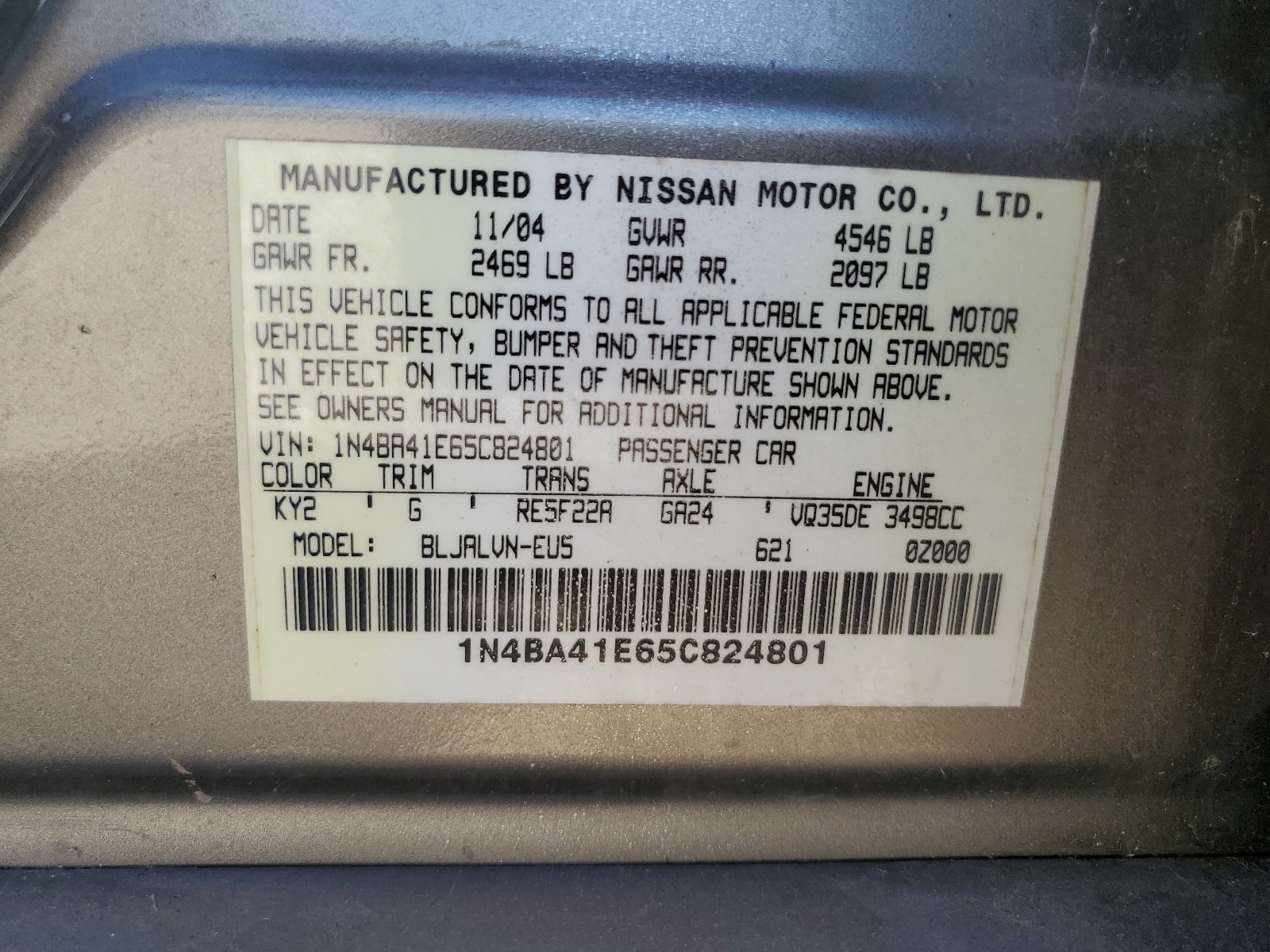 1N4BA41E65C824801 2005 Nissan Maxima Se