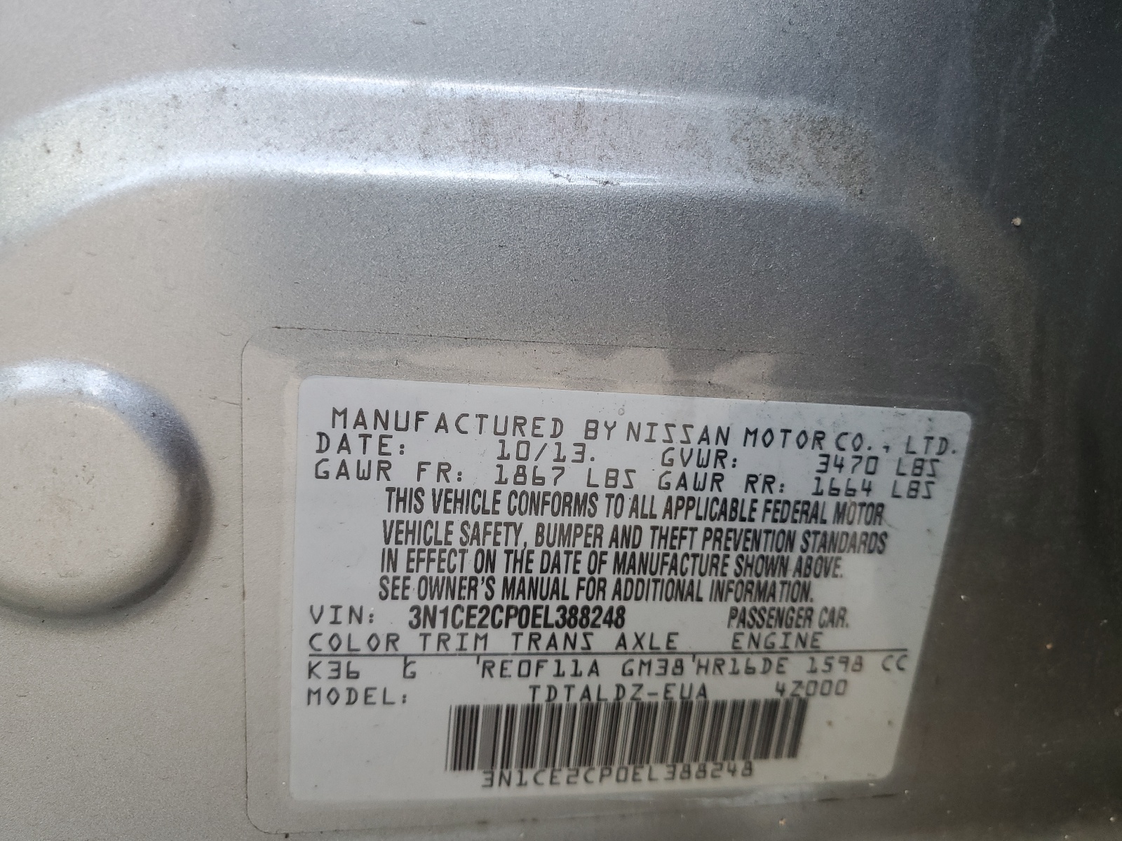 3N1CE2CP0EL388248 2014 Nissan Versa Note S