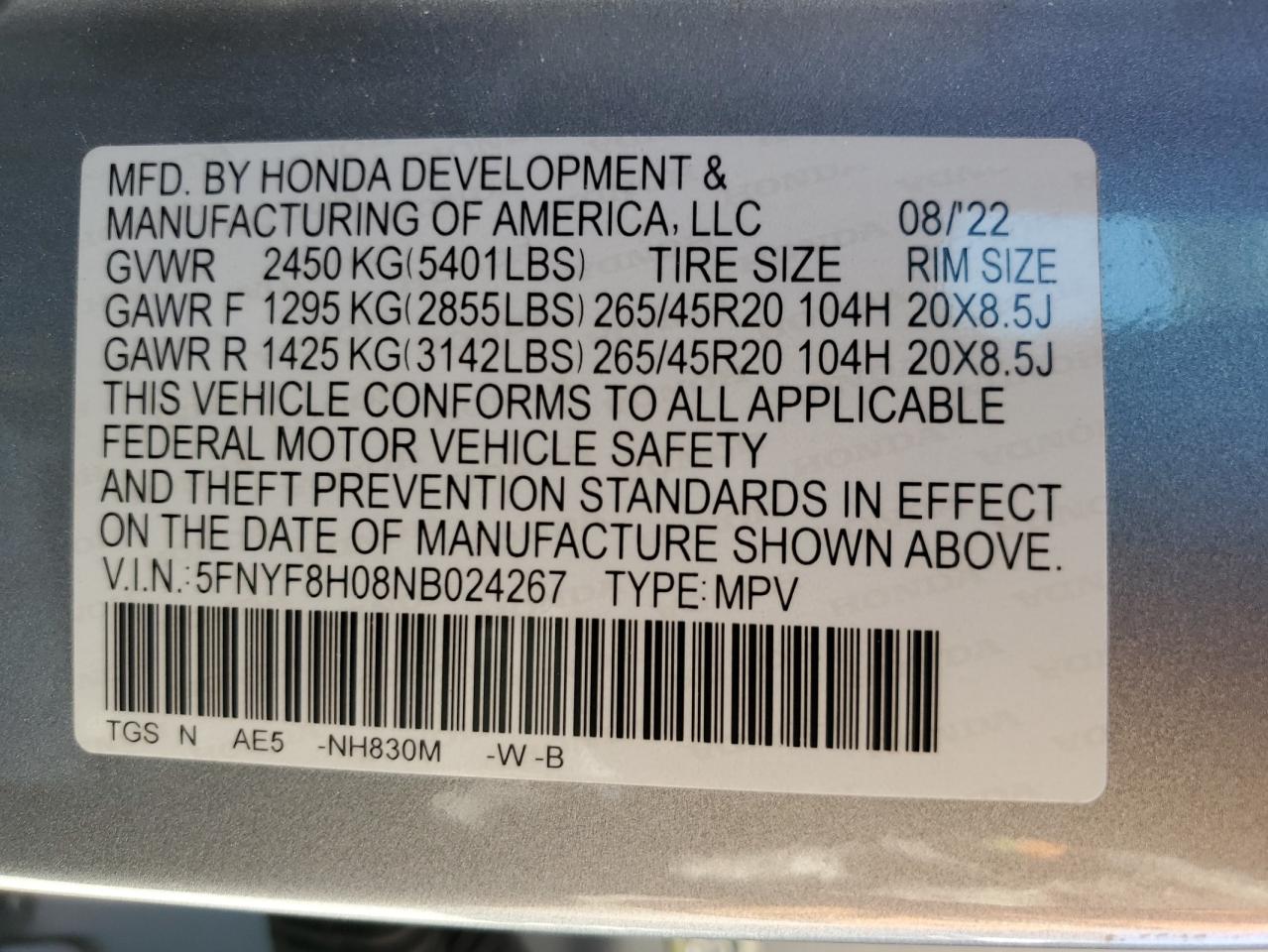 2022 Honda Passport Elite VIN: 5FNYF8H08NB024267 Lot: 67915764