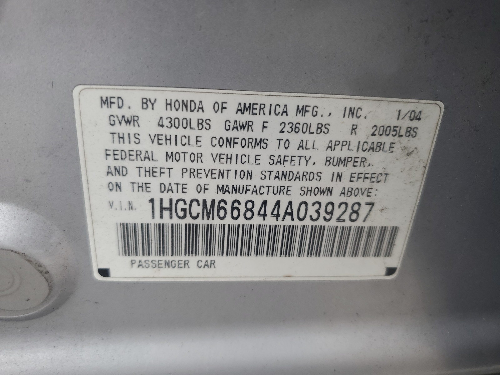 1HGCM66844A039287 2004 Honda Accord Ex