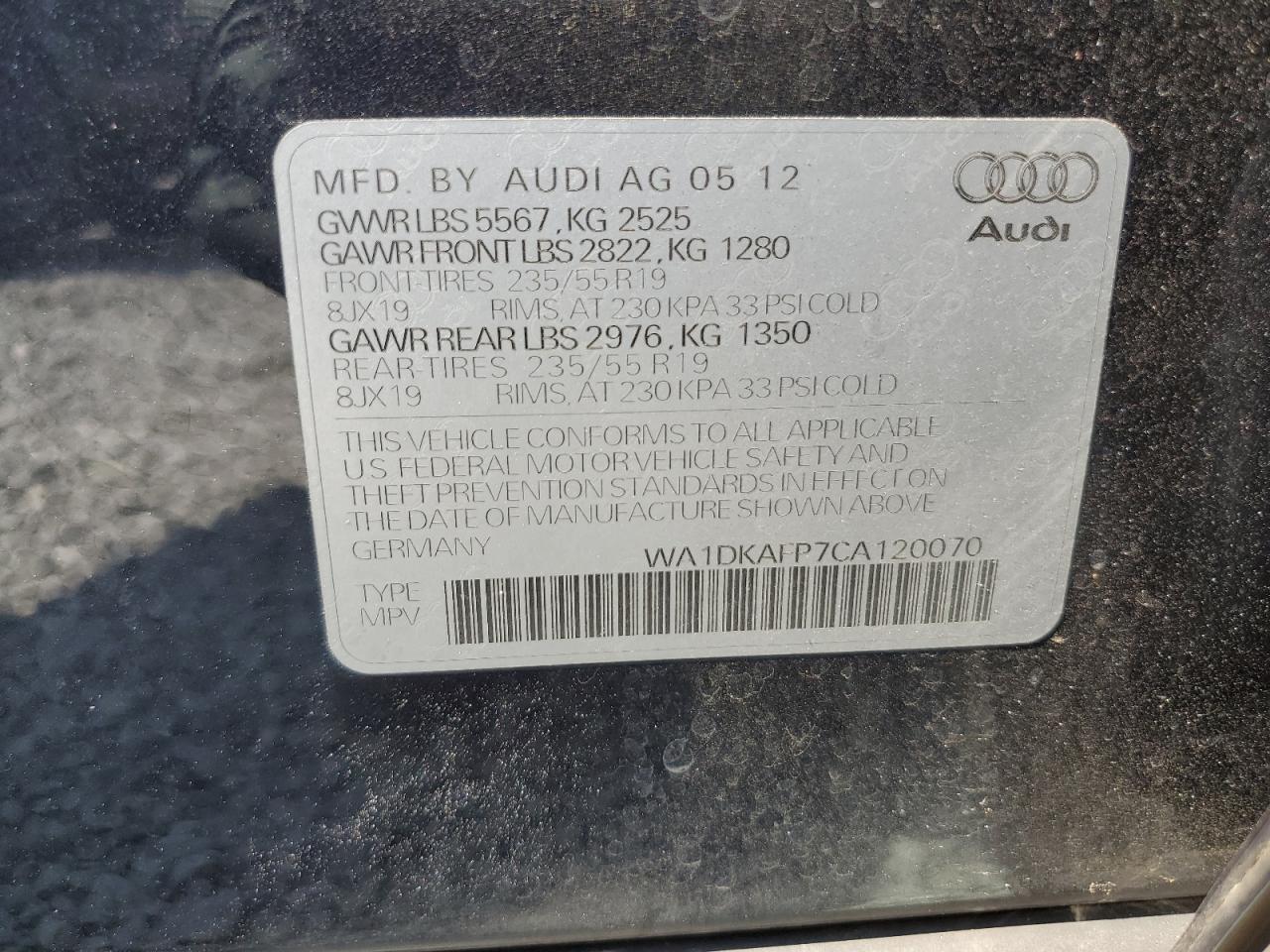 WA1DKAFP7CA120070 2012 Audi Q5 Premium Plus