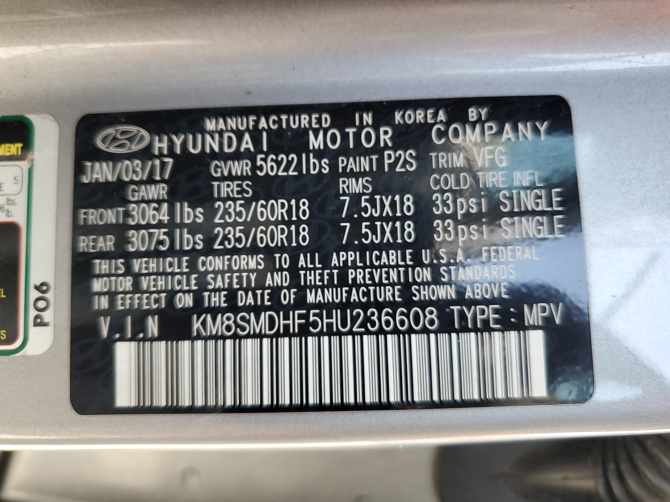 KM8SMDHF5HU236608 2017 Hyundai Santa Fe Se