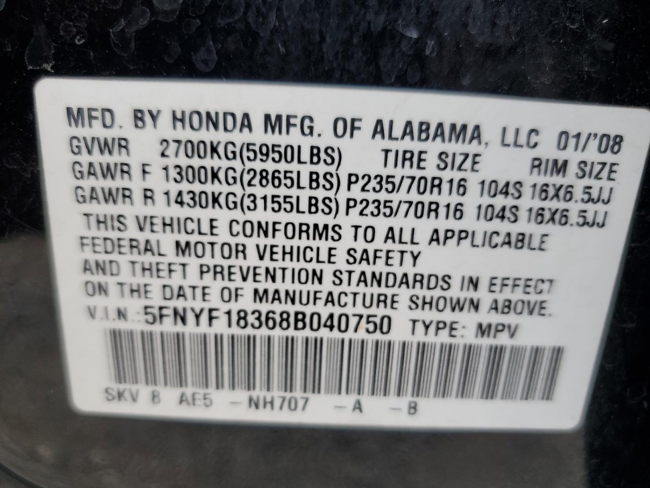 5FNYF18368B040750 2008 Honda Pilot Se