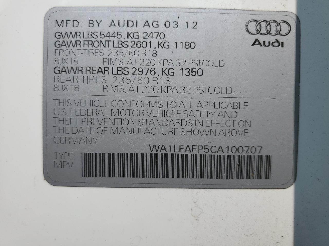 2012 Audi Q5 Premium Plus VIN: WA1LFAFP5CA100707 Lot: 66665844