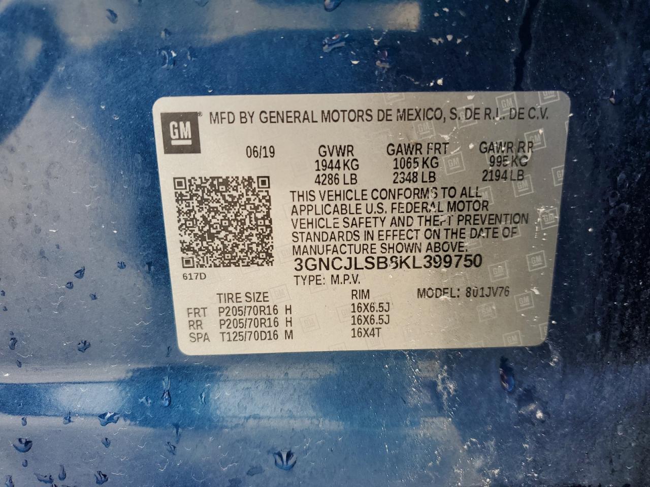 2019 Chevrolet Trax 1Lt VIN: 3GNCJLSB8KL399750 Lot: 66745704