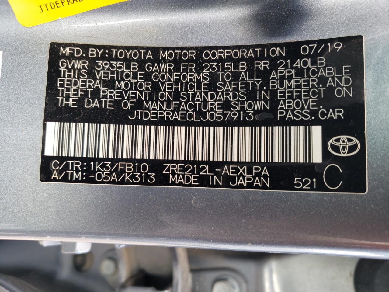 2020 Toyota Corolla Le VIN: JTDEPRAE0LJ057913 Lot: 68004634