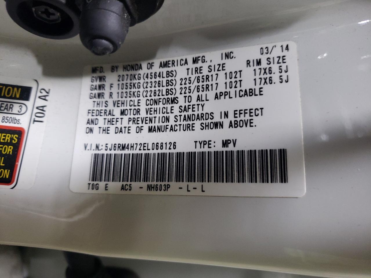 2014 Honda Cr-V Exl VIN: 5J6RM4H72EL068126 Lot: 66669124