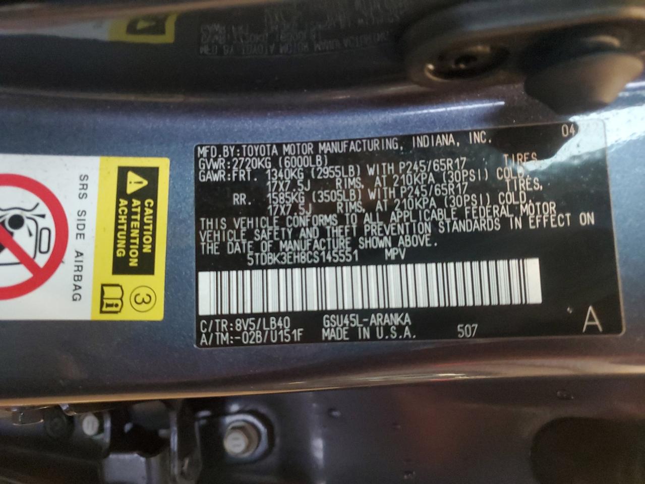 2012 Toyota Highlander Base VIN: 5TDBK3EH8CS145551 Lot: 68670904