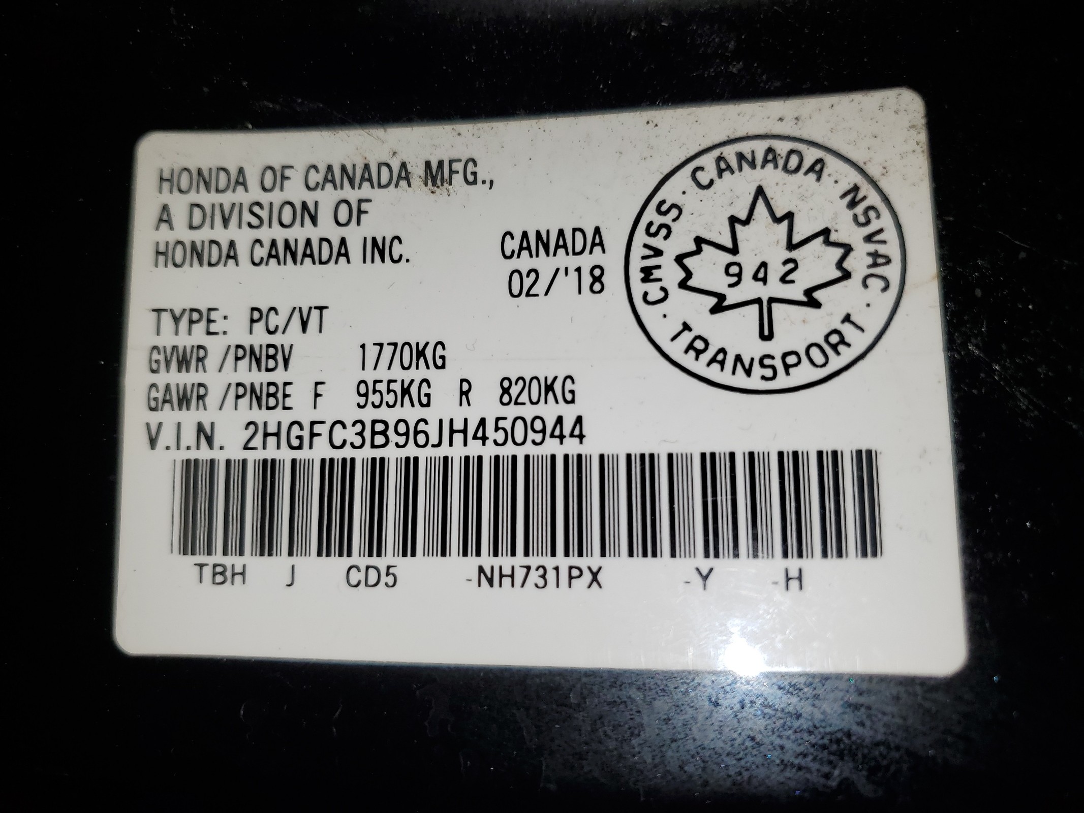 2HGFC3B96JH450944 2018 Honda Civic Touring