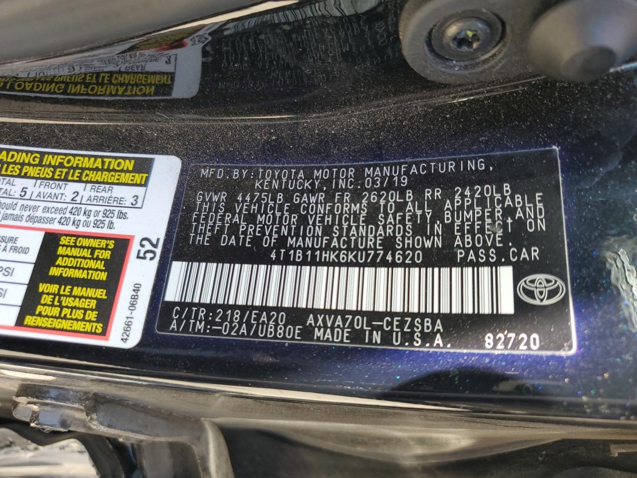 4T1B11HK6KU774620 2019 TOYOTA CAMRY - Image 12