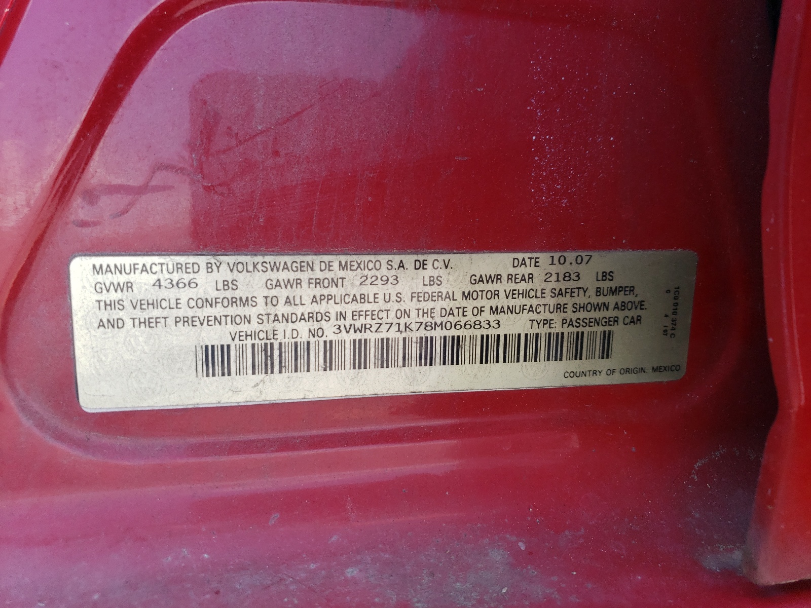 3VWRZ71K78M066833 2008 Volkswagen Jetta Se